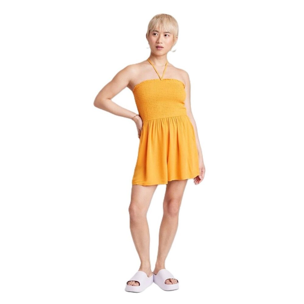 Wild Fable Women's Mango Orange Smocked Bodice Halter Romper w/ Pockets